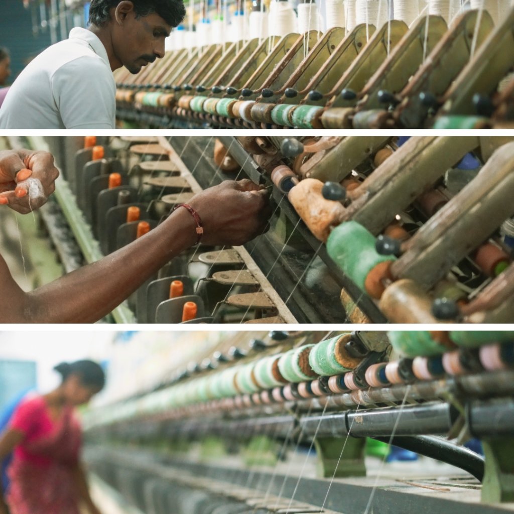 Artisan technician operating ring-spinning machinery at Burgula Cotton Trust