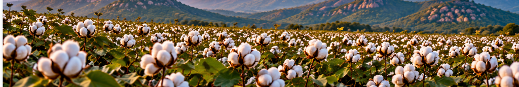 Vibrant cotton field with mountains and rock hills